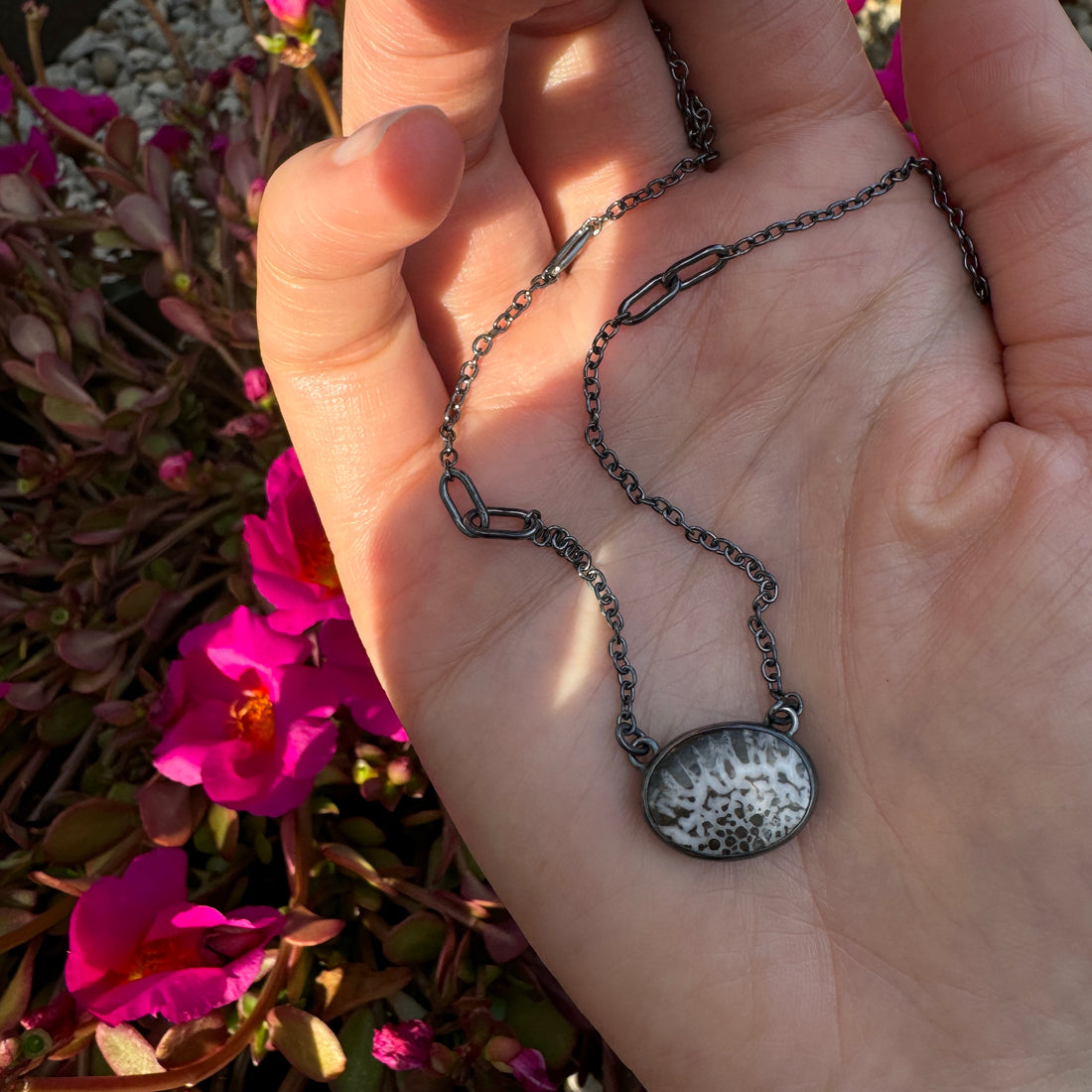 Balance Gem Necklace with Links - Black Fossilized Coral - Dark Sterling