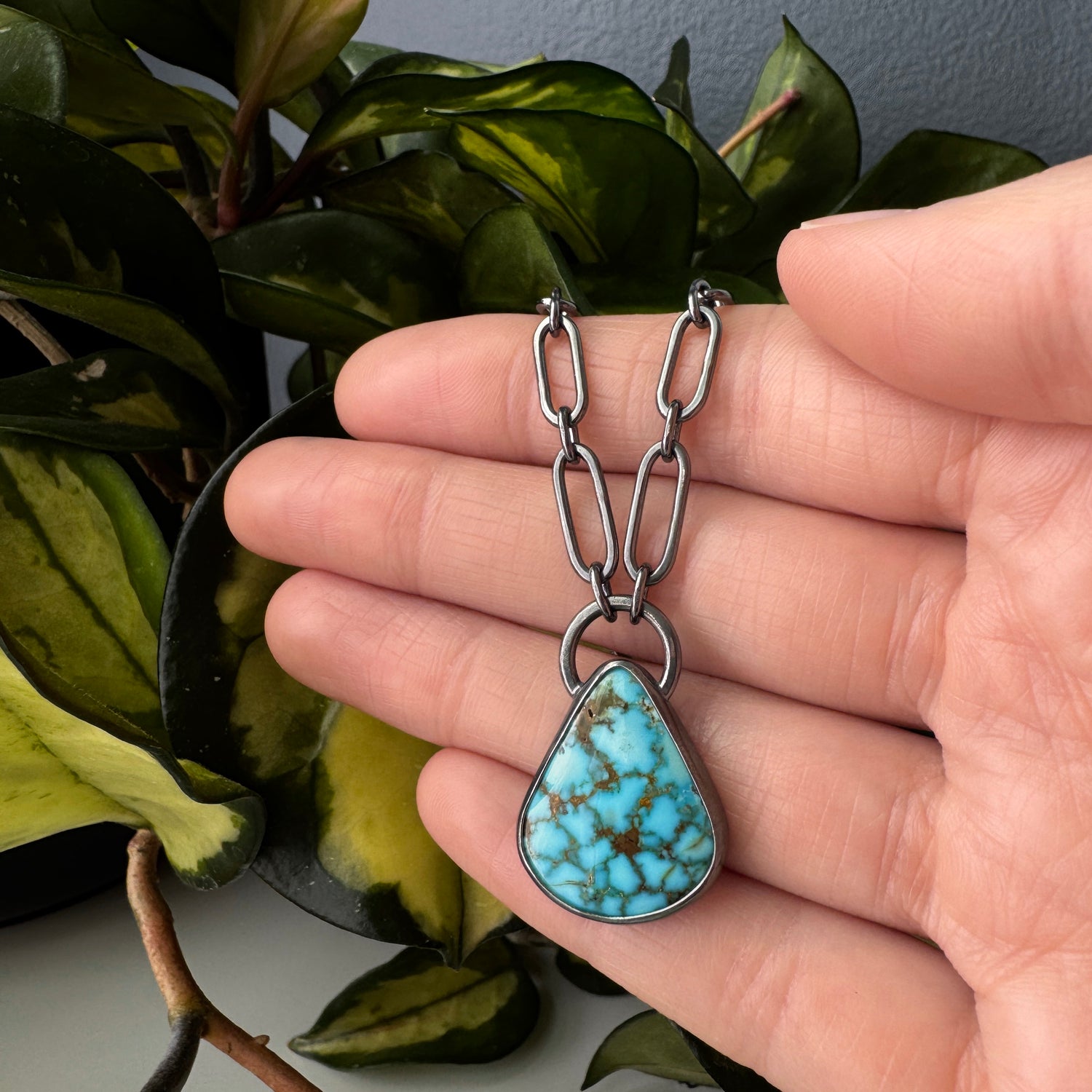 Balance Statement Link Necklace - Teardrop Kingman Turquoise - Dark Sterling