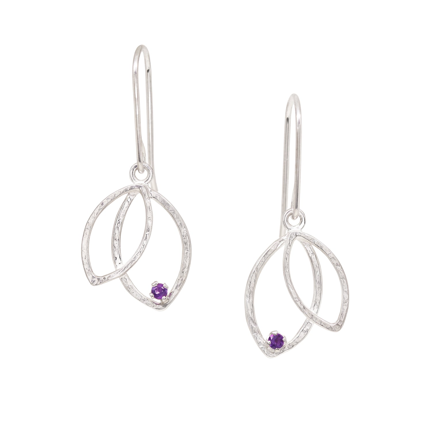 Double Leaf Gem Earrings - Amethyst - Bright Sterling