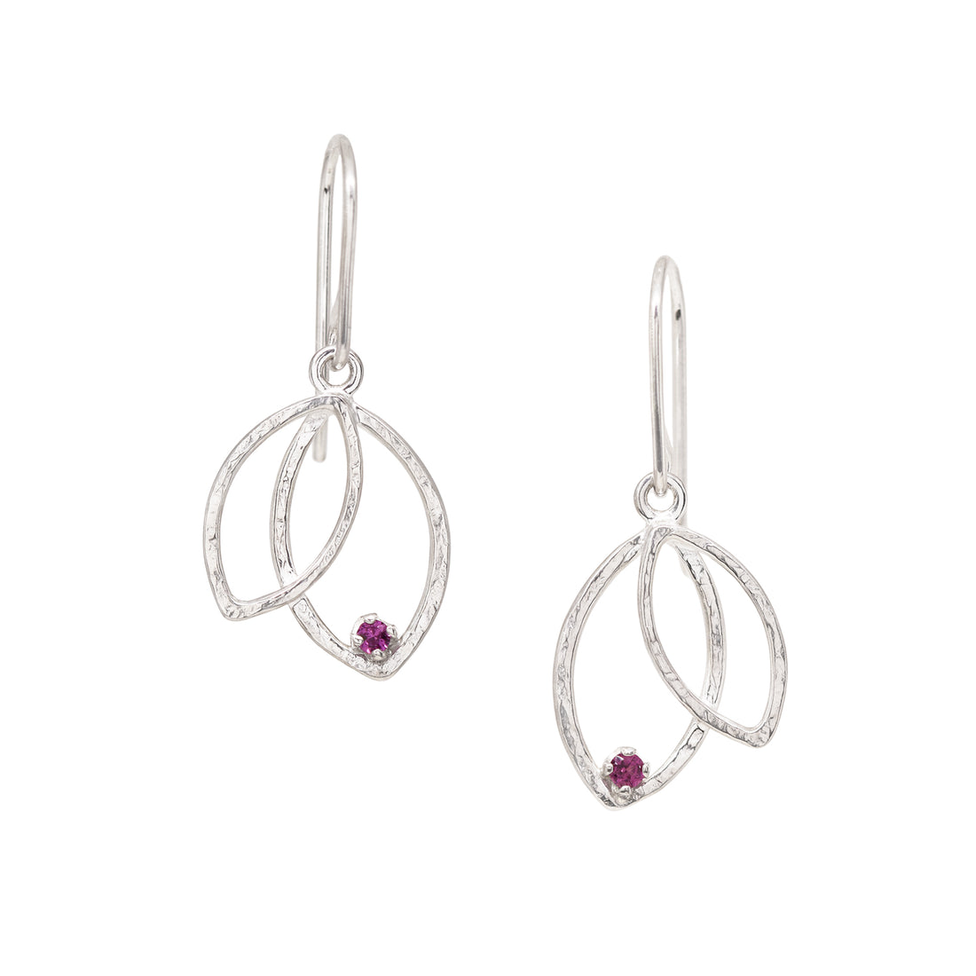 Double Leaf Gem Earrings - Rhodolite Garnet - Bright Sterling