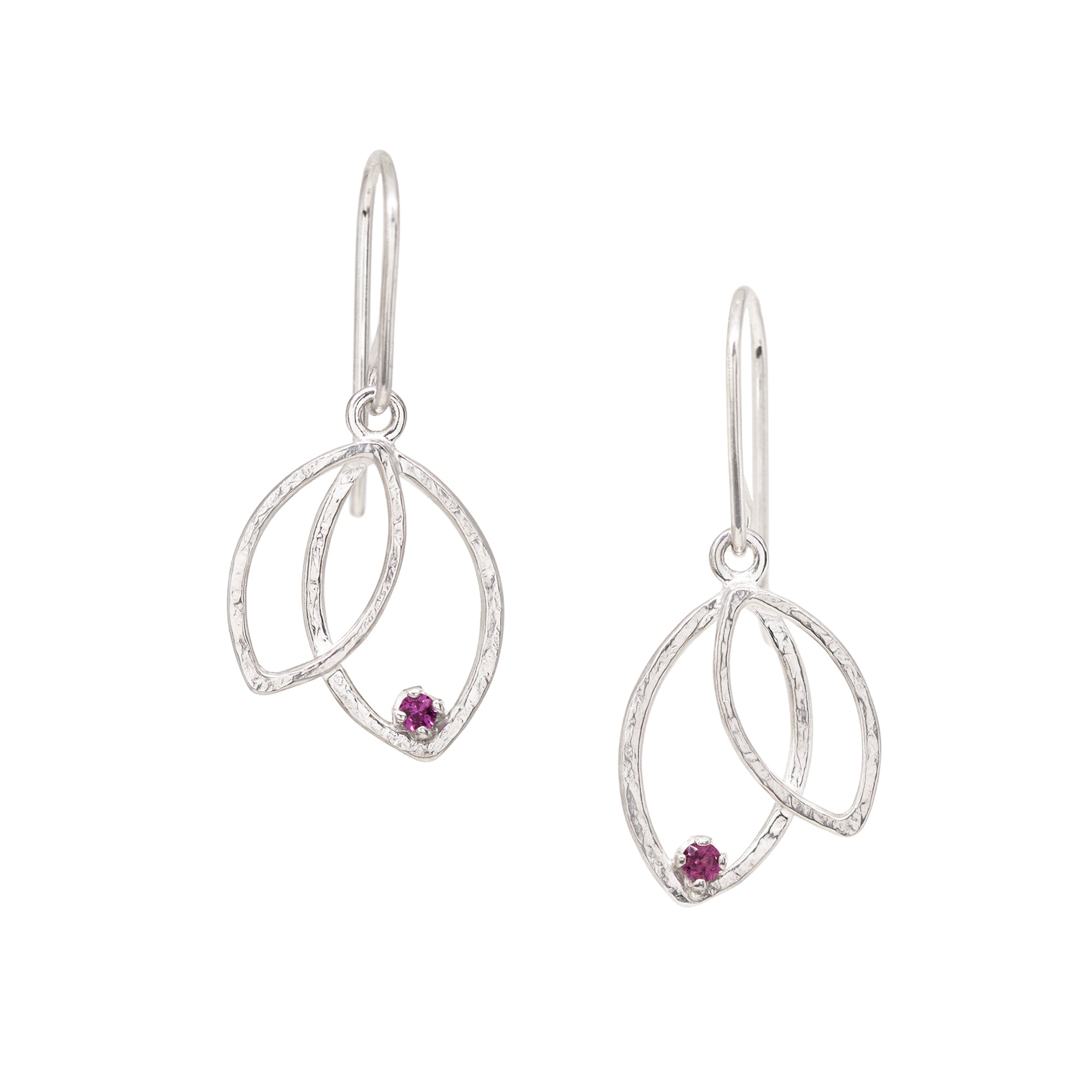 Double Leaf Gem Earrings - Rhodolite Garnet - Bright Sterling