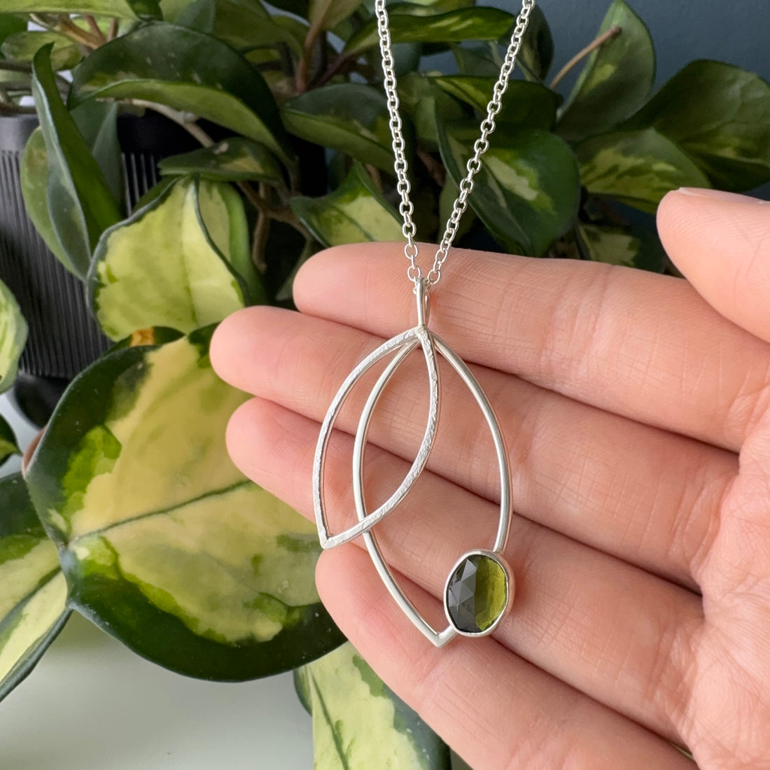 Double Leaf Gem Statement Necklace - Moldavite - Bright Sterling