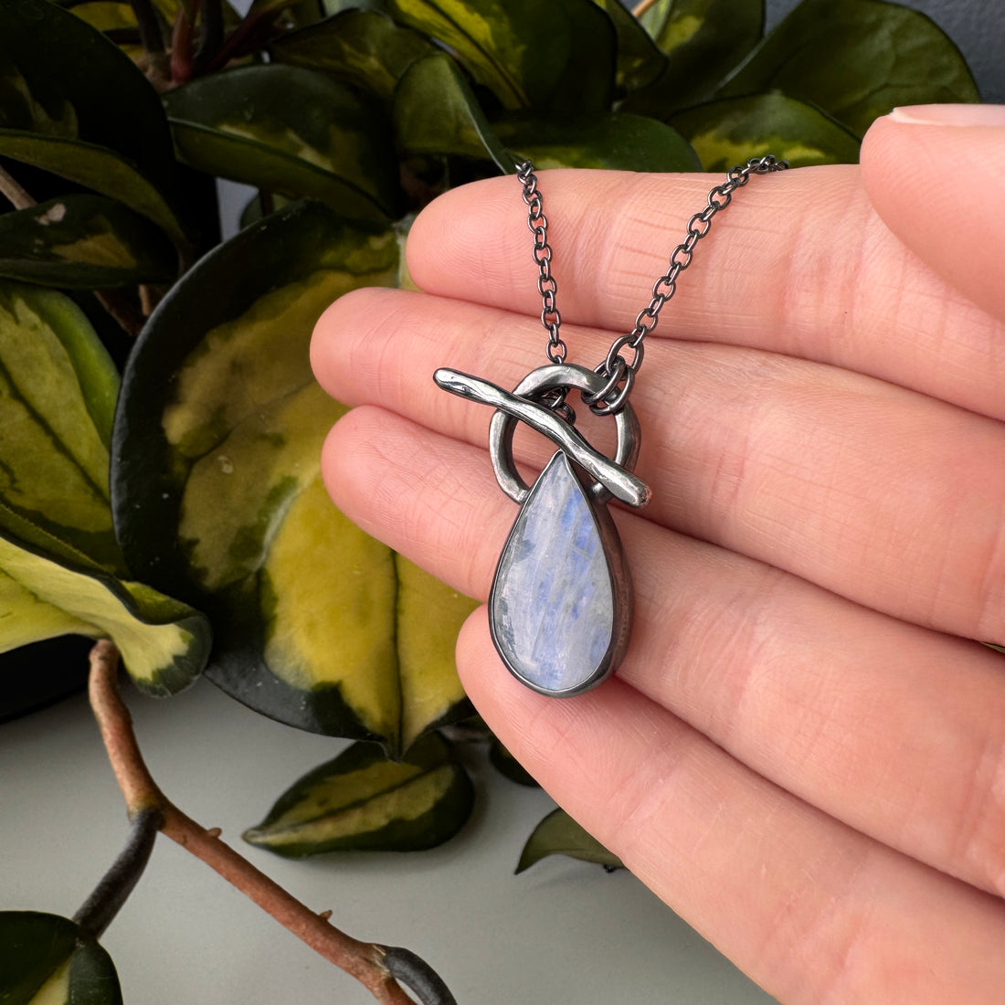 Tidal Toggle Gem Necklace - Rainbow Moonstone - Dark Silver