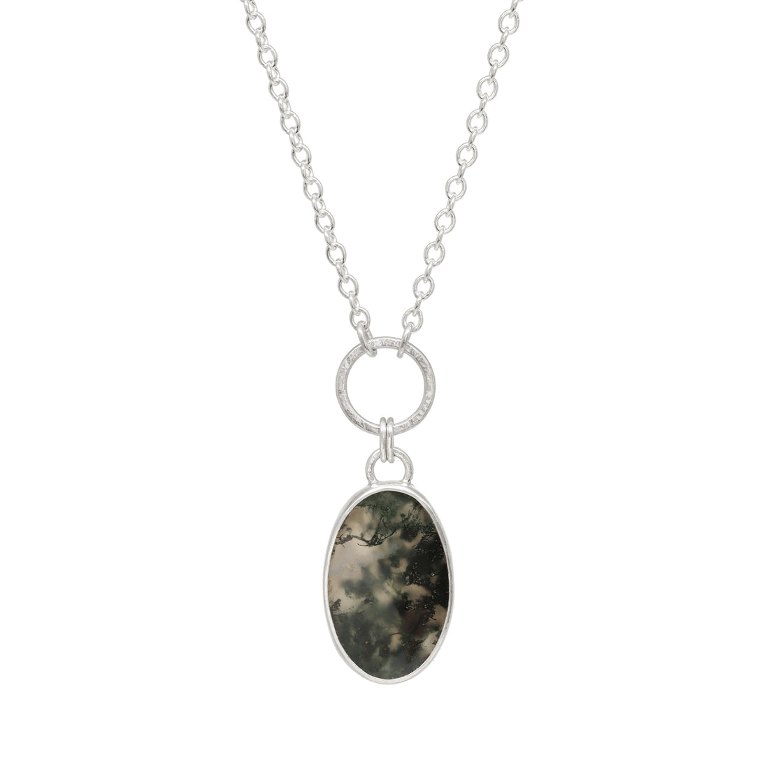 Balance Gem Necklace - Moss Agate Oval - Bright Sterling