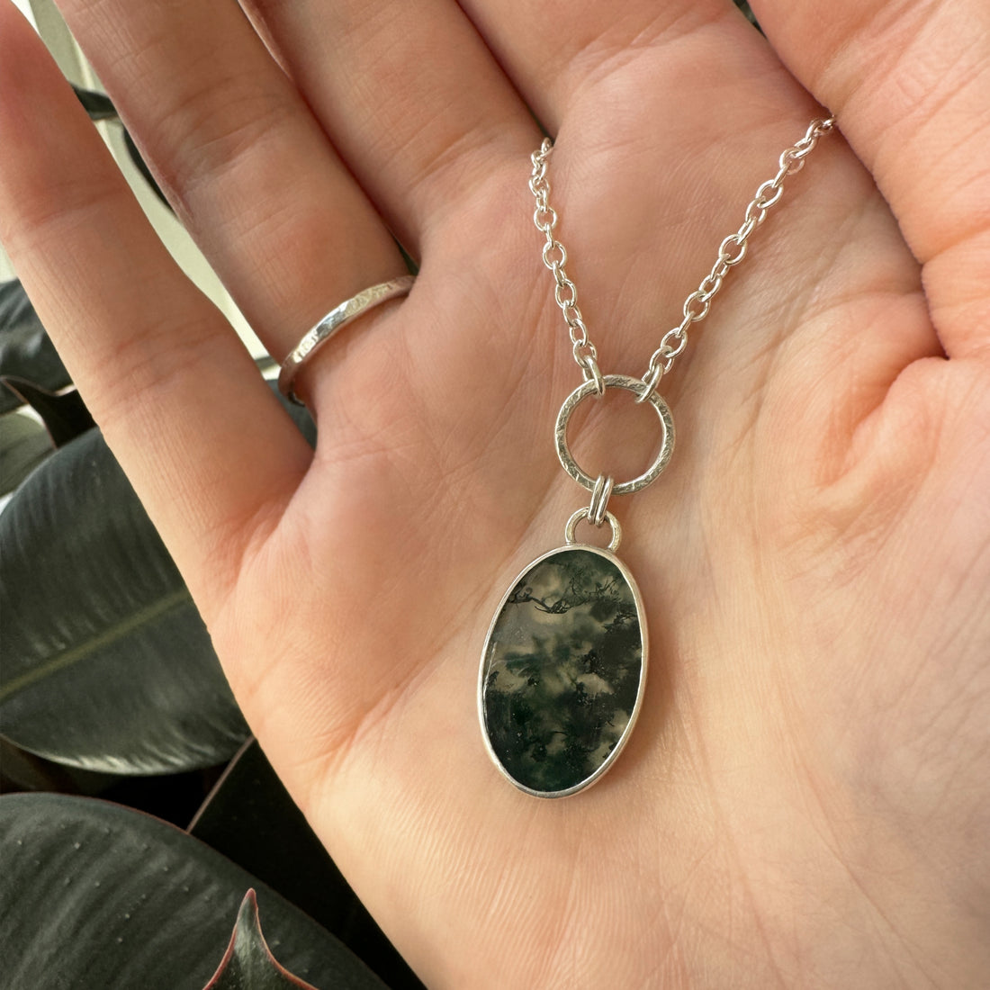 Balance Gem Necklace - Moss Agate Oval - Bright Sterling