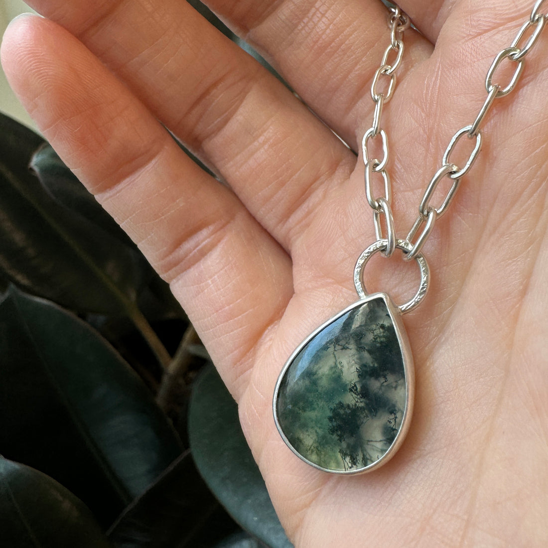 Balance Link Necklace - Moss Agate Teardrop - Bright Sterling