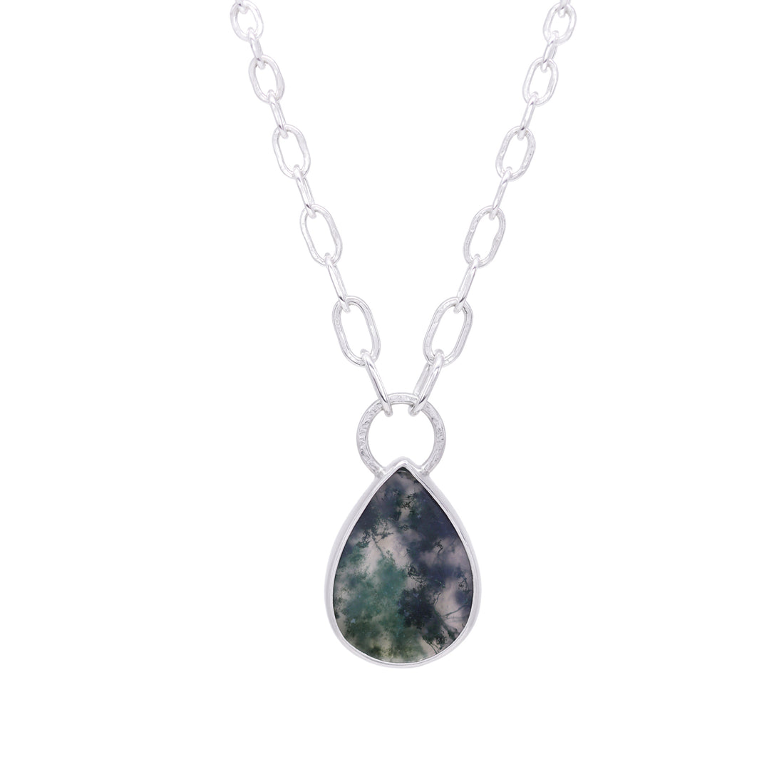 Balance Gem Necklace with Links - Moss Agate Teardrop - Bright Sterling