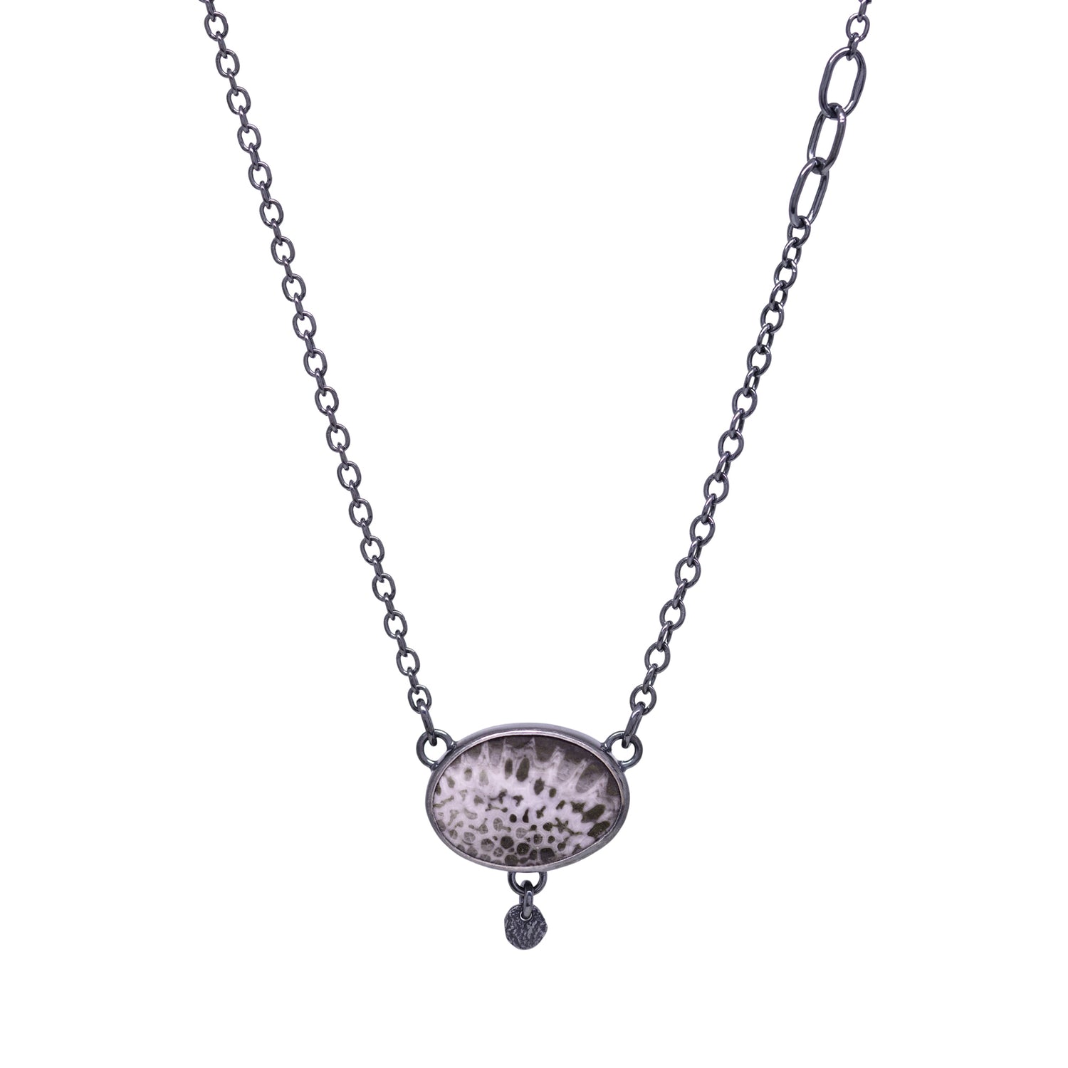 Balance Link Necklace - Black Fossilized Coral - Oval - Dark Sterling
