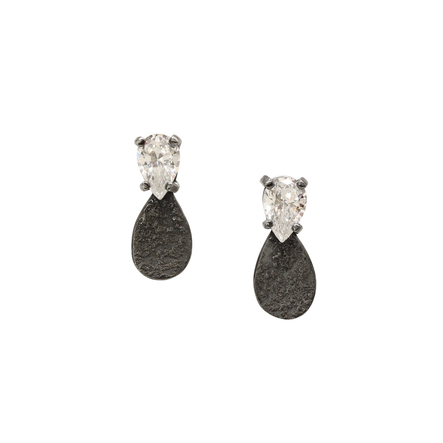 Teardrop Gem Studs - Pear CZ - Dark Sterling