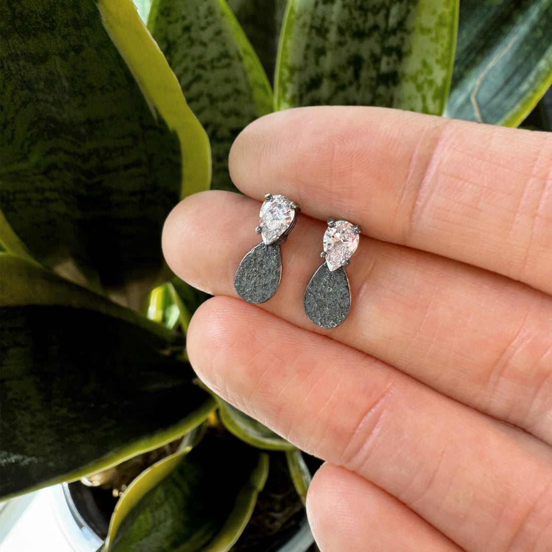 Teardrop Gem Studs - Pear CZ - Dark Sterling