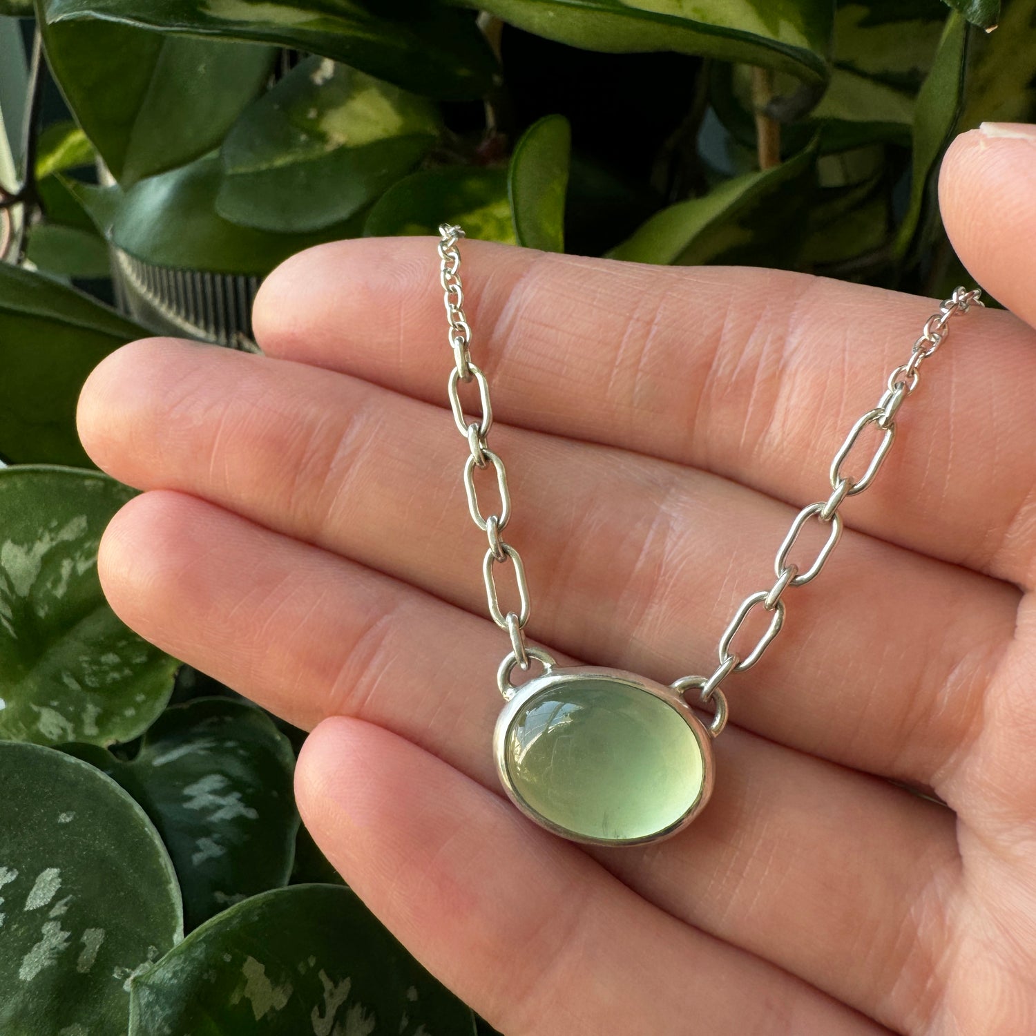 Balance Gem Necklace with Links - Prehnite - Bright Sterling