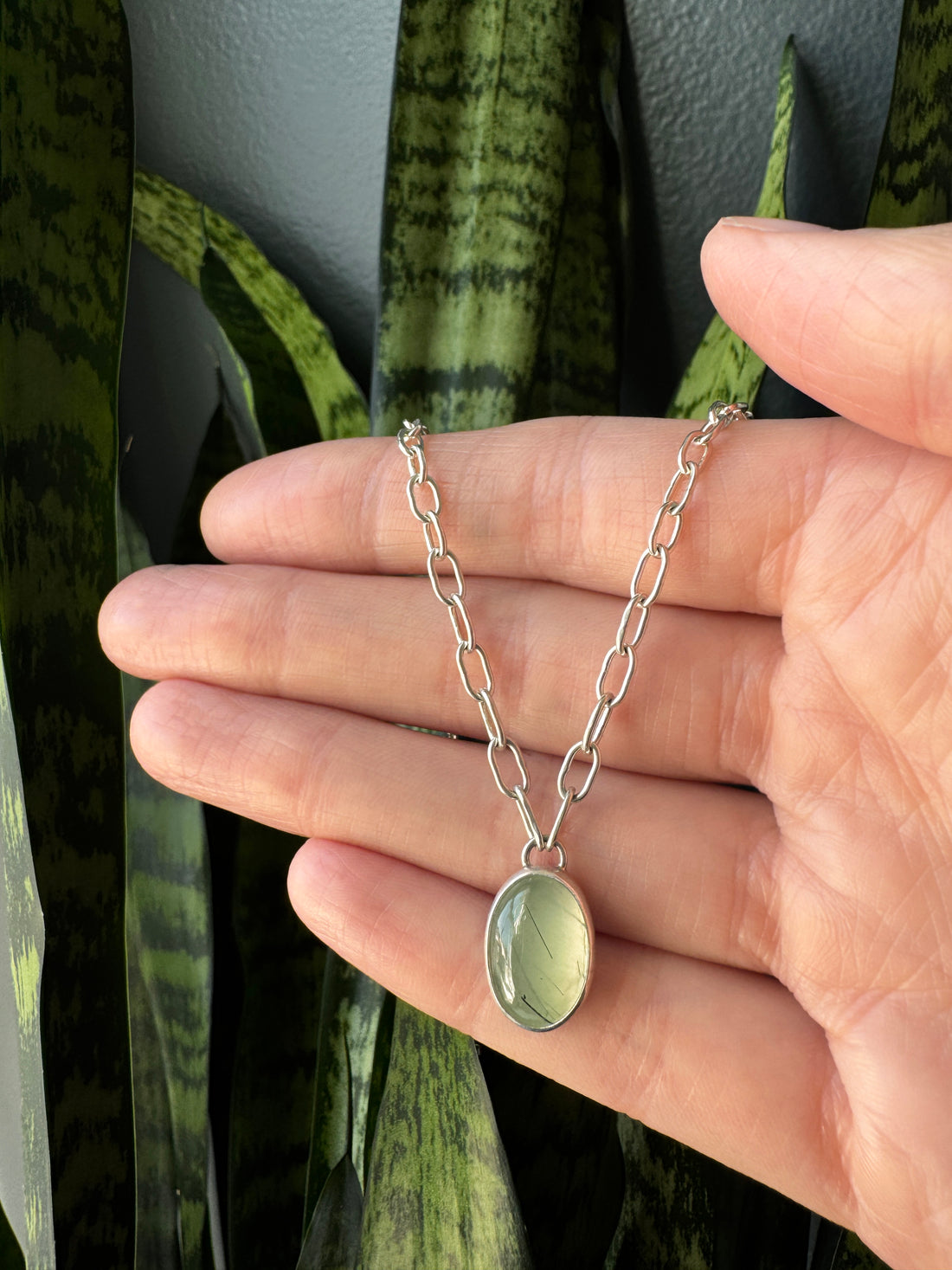 Balance Gem Necklace with Graduated Links - Prehnite - Bright Sterling