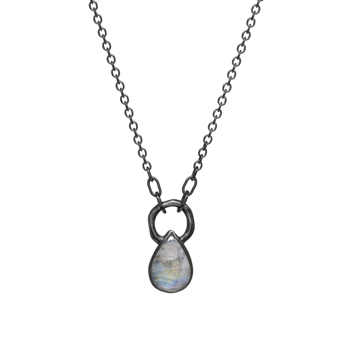 Tidal Gem Necklace - Rainbow Moonstone - Dark Silver