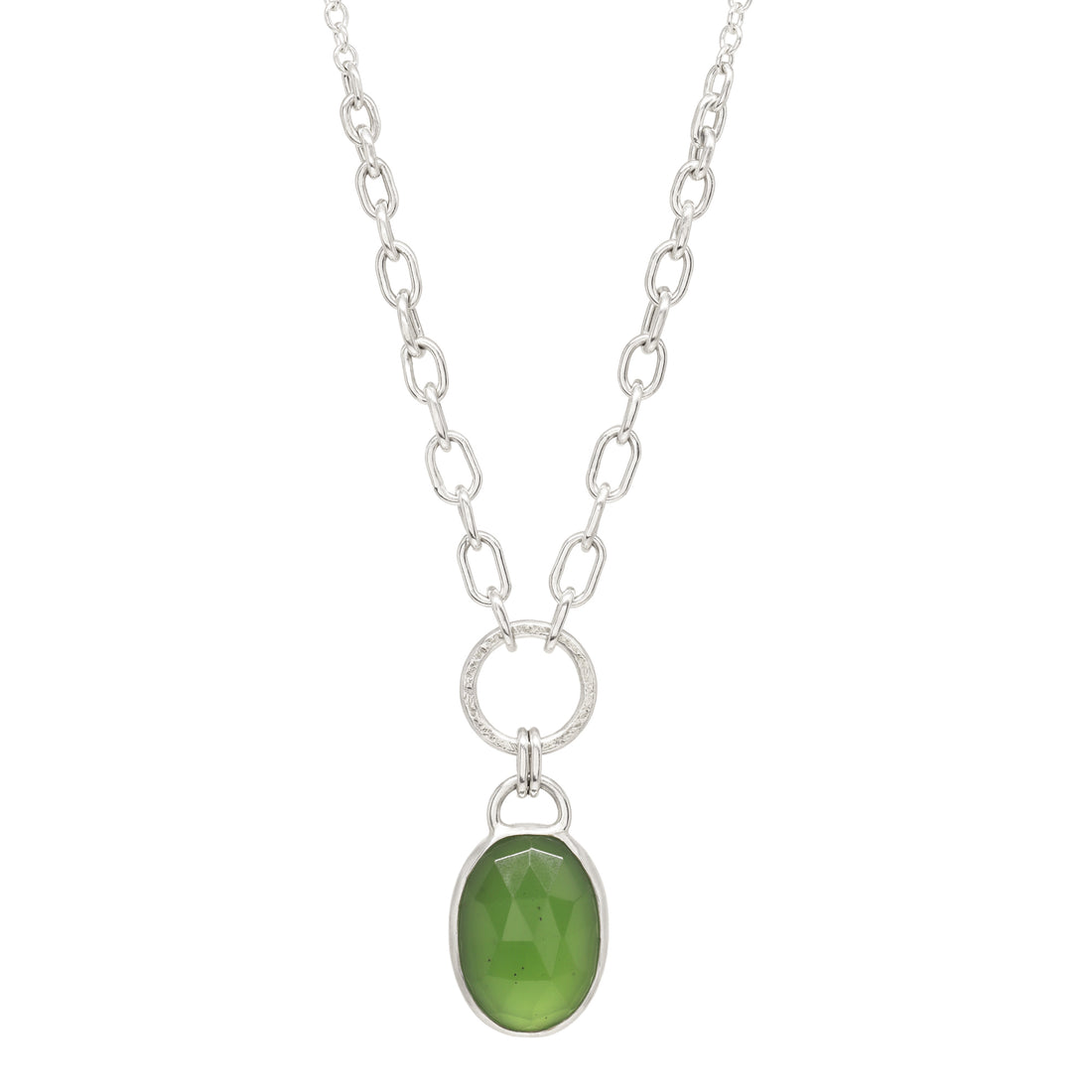 Balance Gem Necklace with Links - Rose Cut Serpentine Oval - Bright Sterling