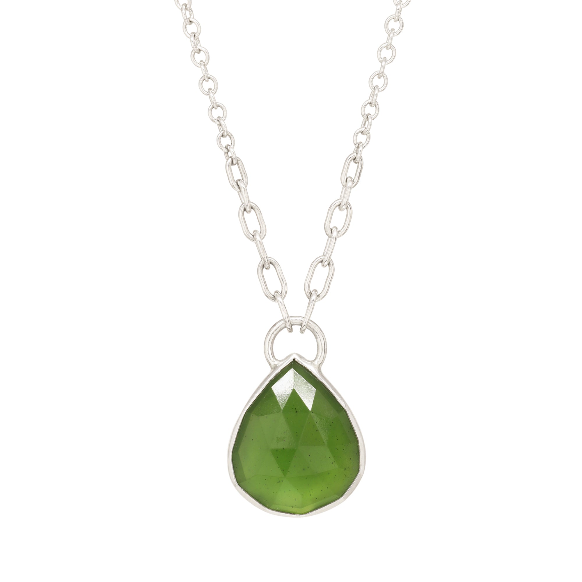 Balance Gem Necklace with Links - Rose Cut Serpentine Teardrop - Bright Sterling