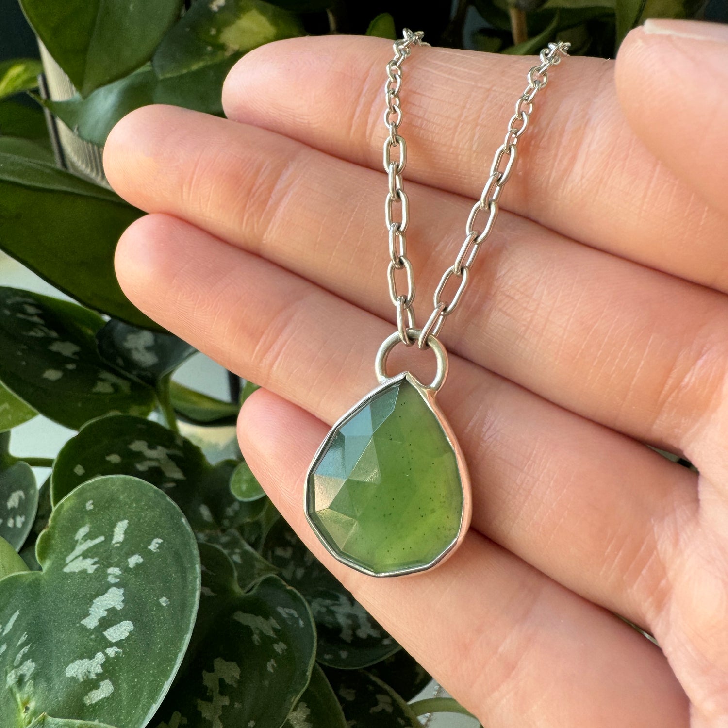 Balance Gem Necklace with Links - Rose Cut Serpentine Teardrop - Bright Sterling