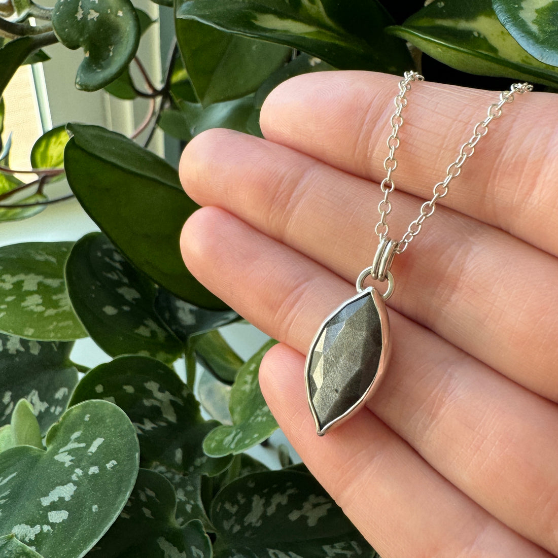 Balance Gem Necklace - Rose Cut Silversheen Obsidian - Bright Sterling