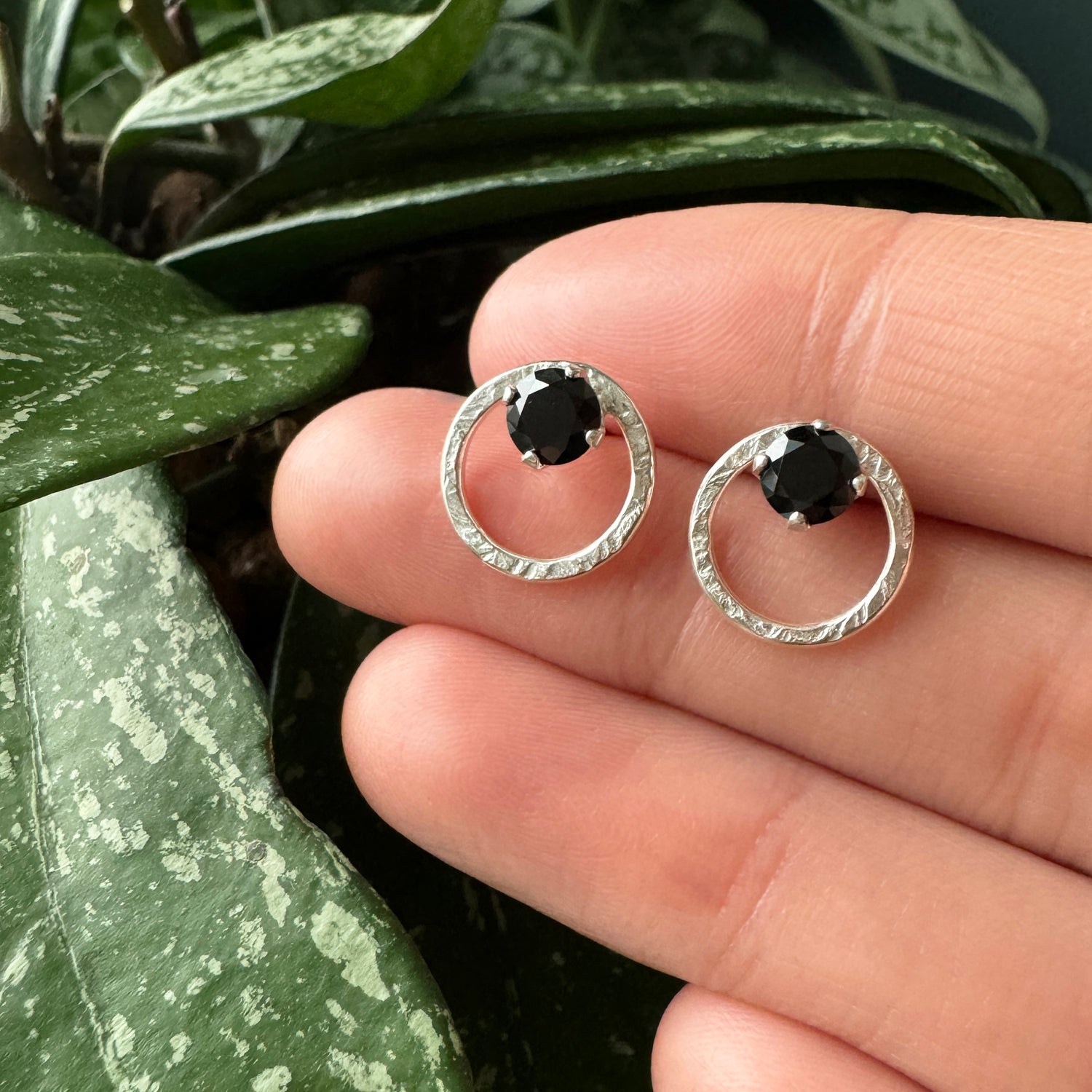 Terrain Gem Circle Studs - Black Spinel &amp; Bright Sterling