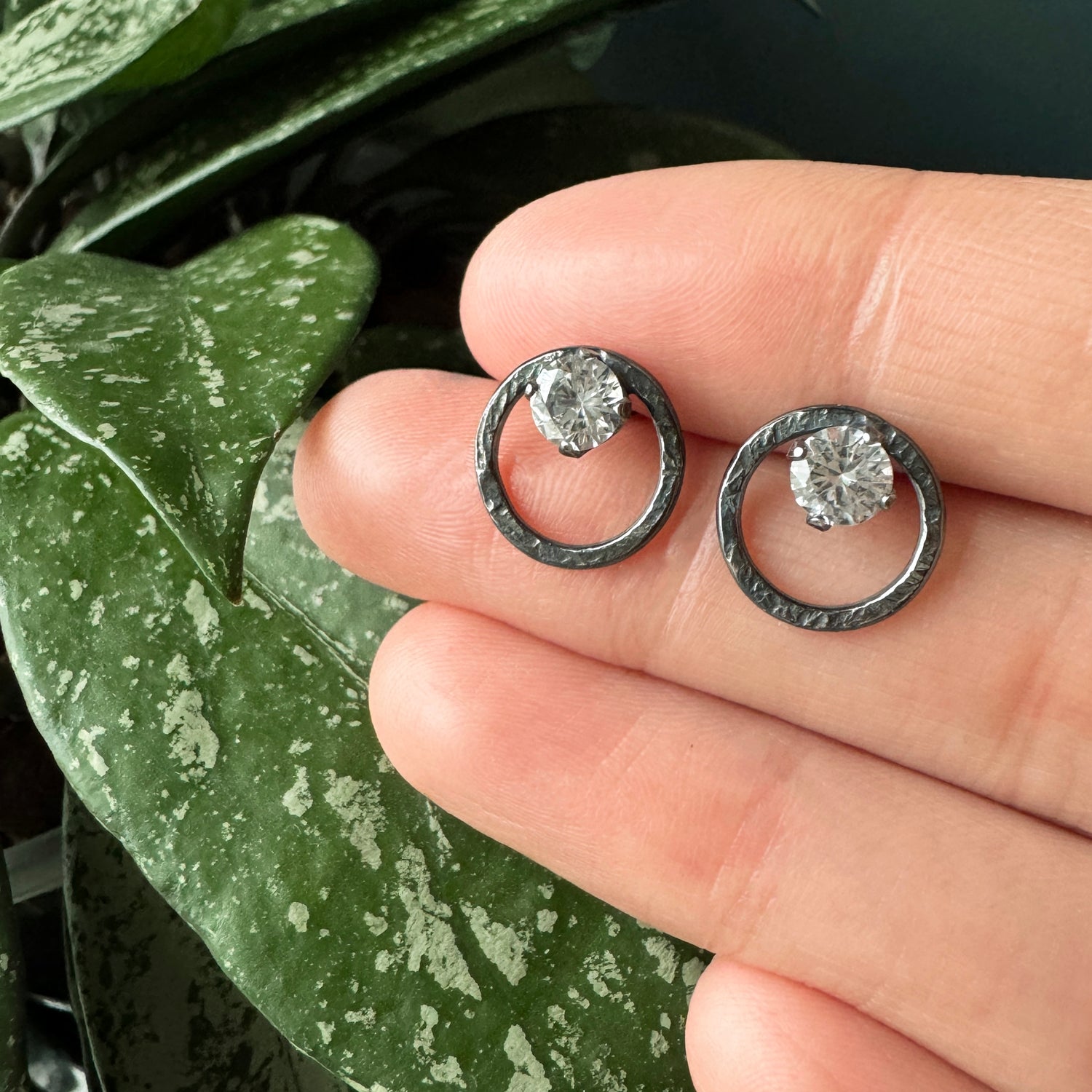 Terrain Gem Circle Studs - White Sapphire &amp; Dark Sterling