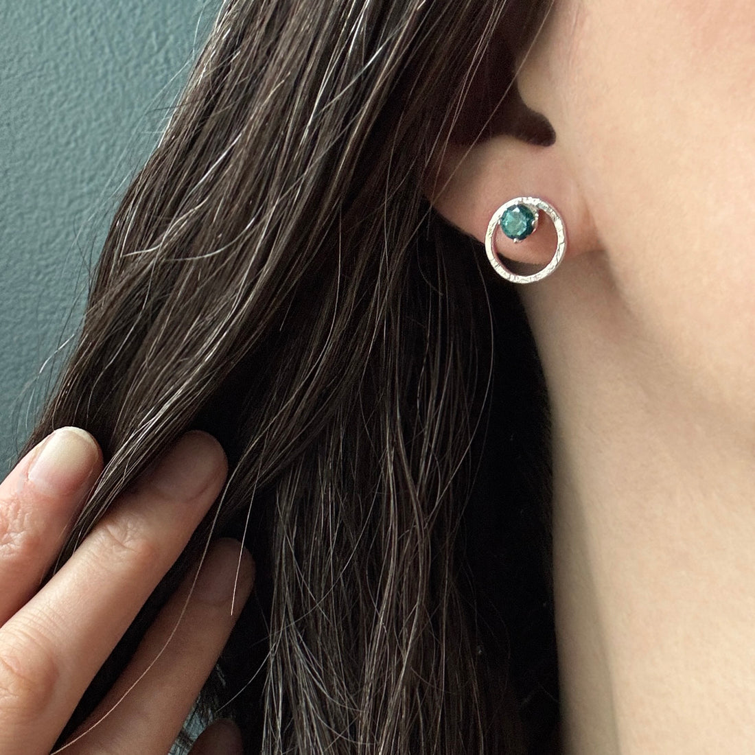 Terrain Gem Circle Studs - Teal Topaz &amp; Bright Sterling