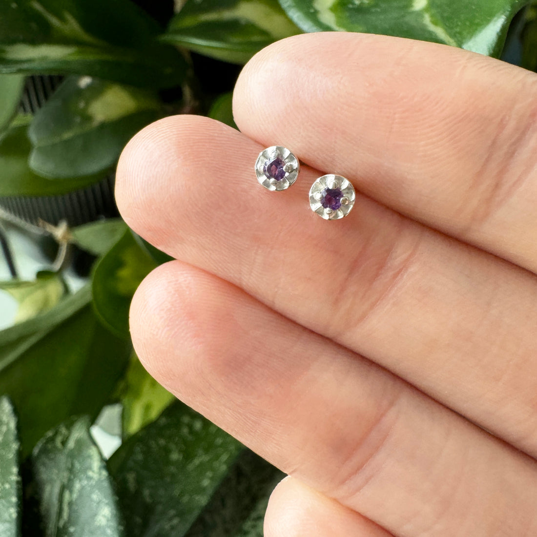 Tiny Star Studs - Amethyst &amp; Bright Sterling