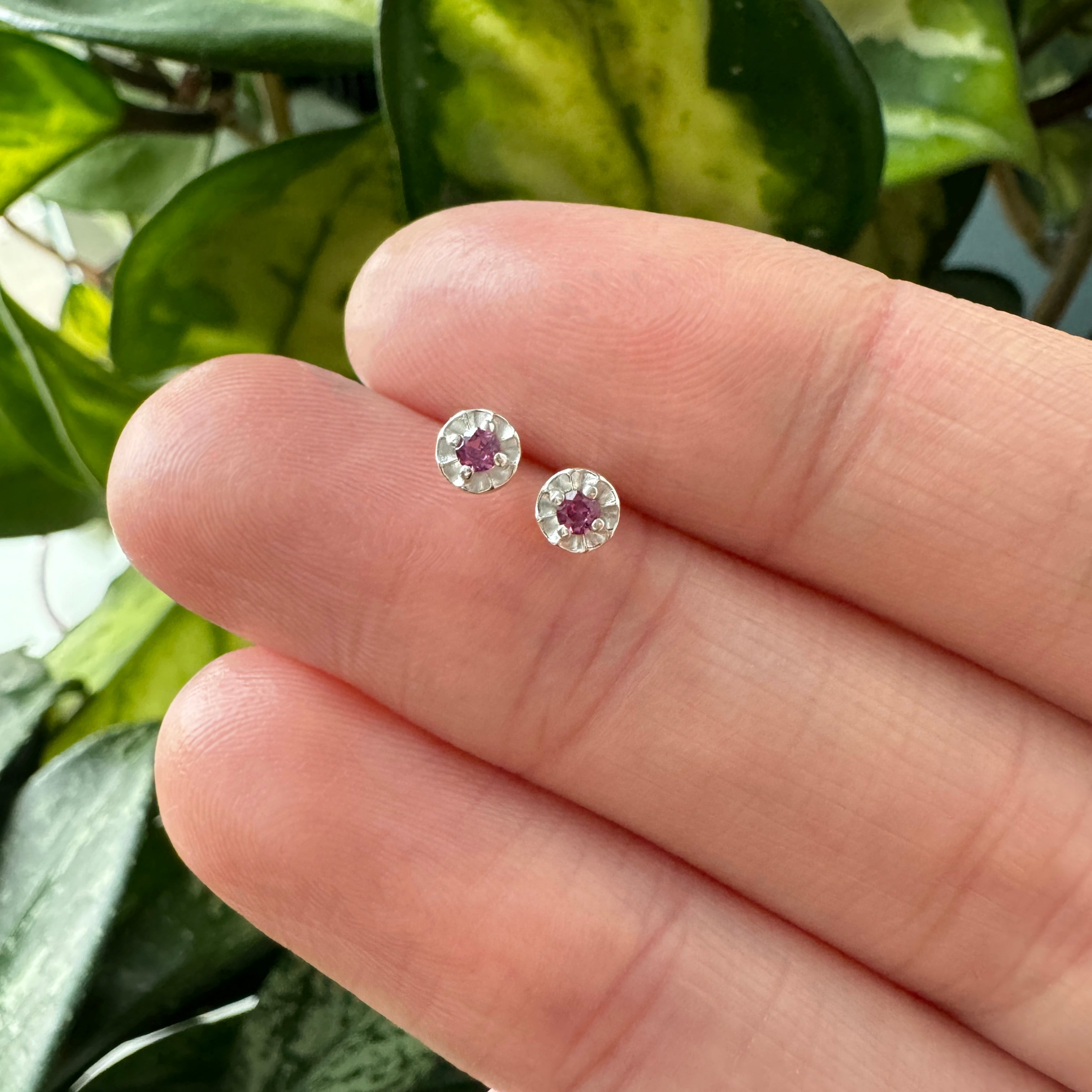 Tiny Star Studs - Rhodolite Garnet &amp; Bright Sterling