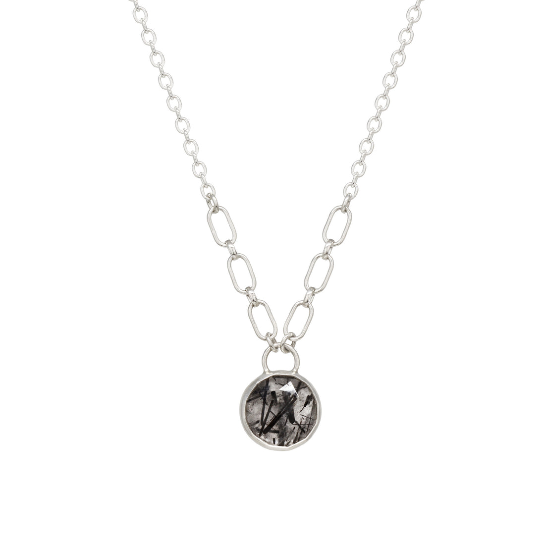 Balance Gem Necklace with Links - Rose Cut Round Tourmilinated Quartz - Bright Sterling