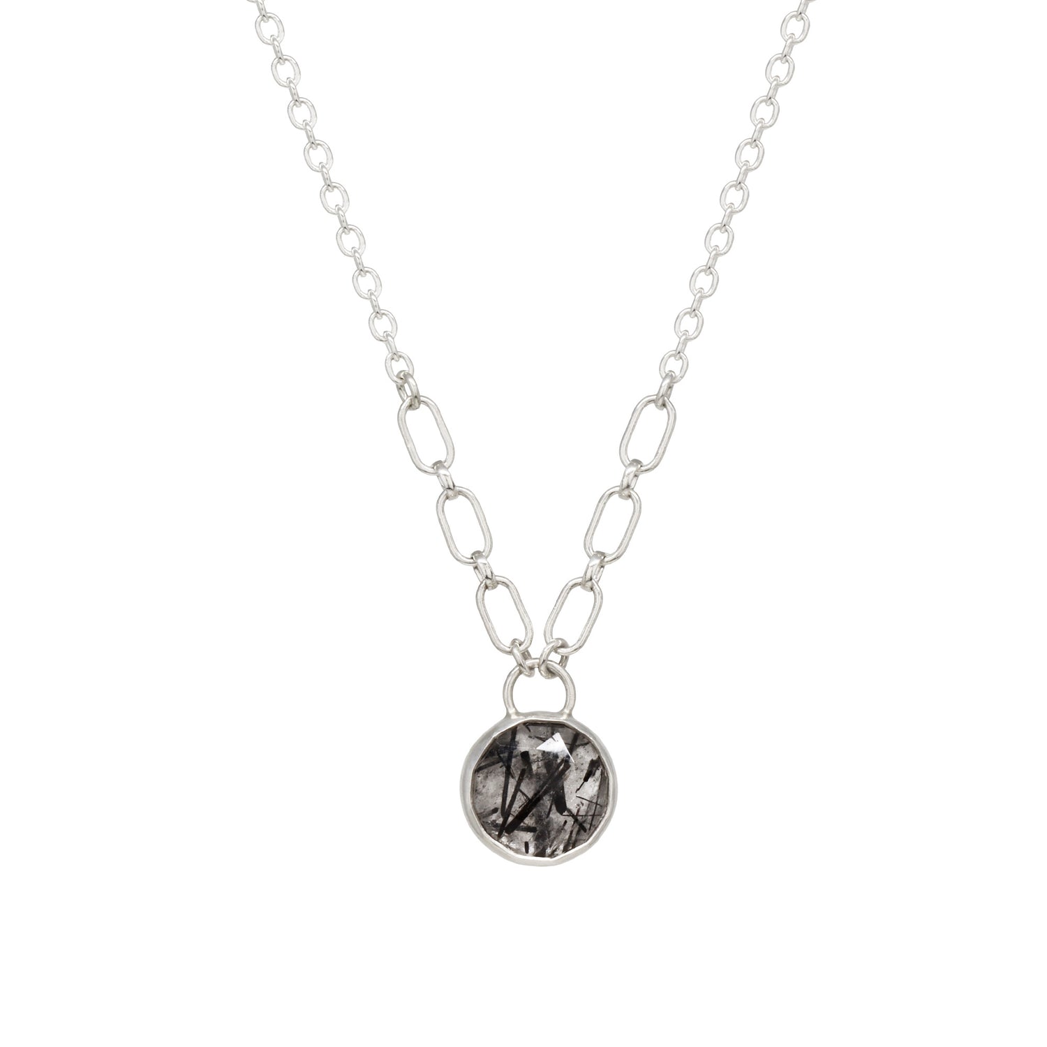 Balance Gem Necklace with Links - Rose Cut Round Tourmilinated Quartz - Bright Sterling