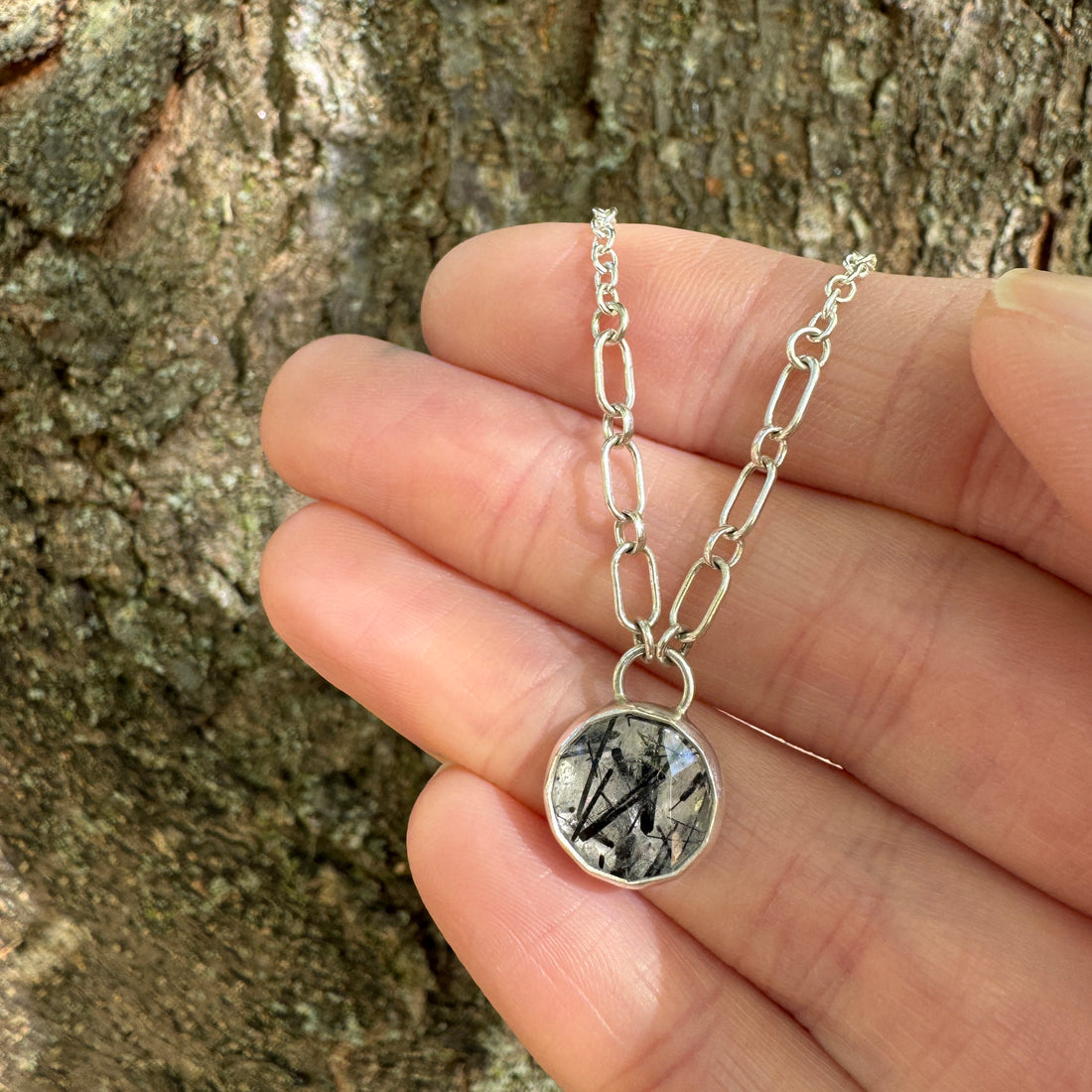 Balance Gem Necklace with Links - Rose Cut Round Tourmilinated Quartz - Bright Sterling