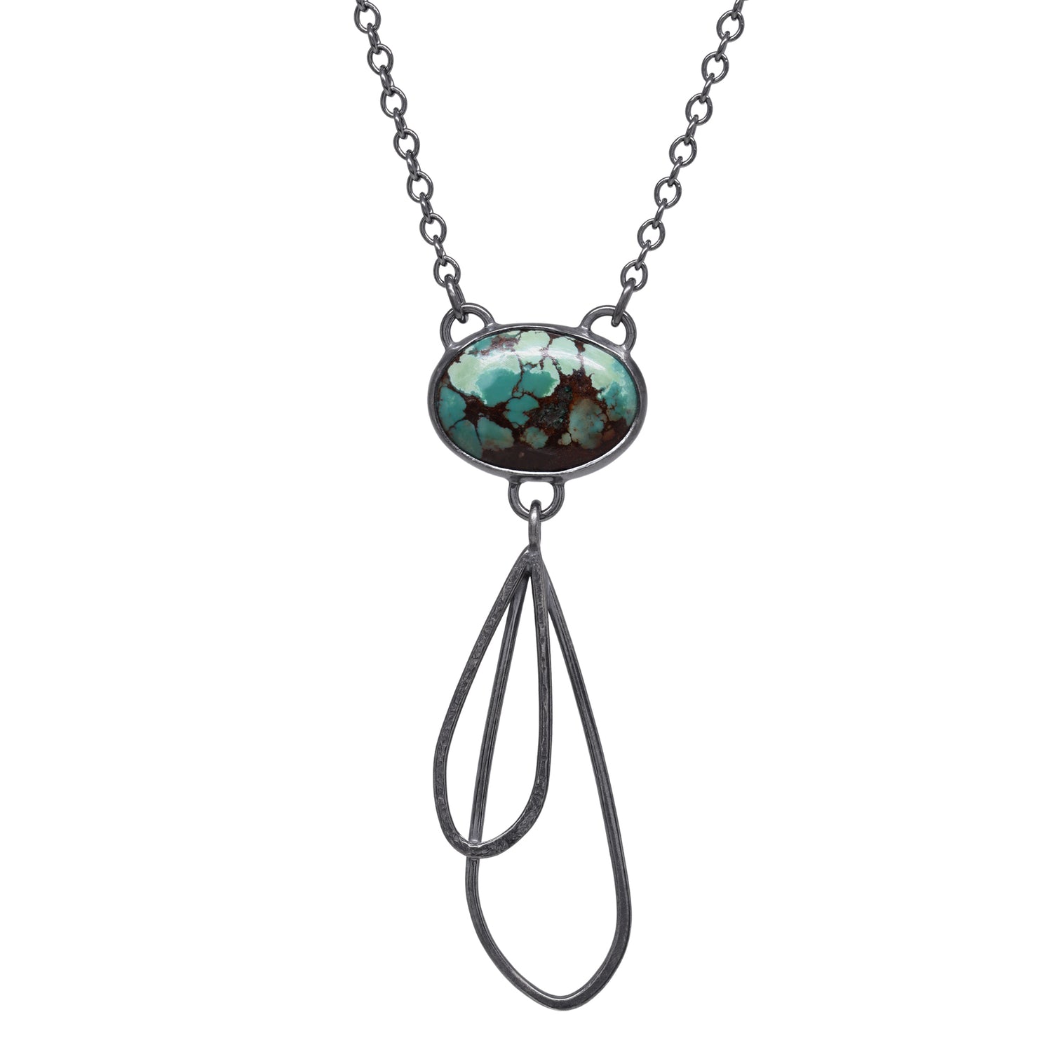 Double Petal Pendant Necklace - Turquoise - Dark Sterling
