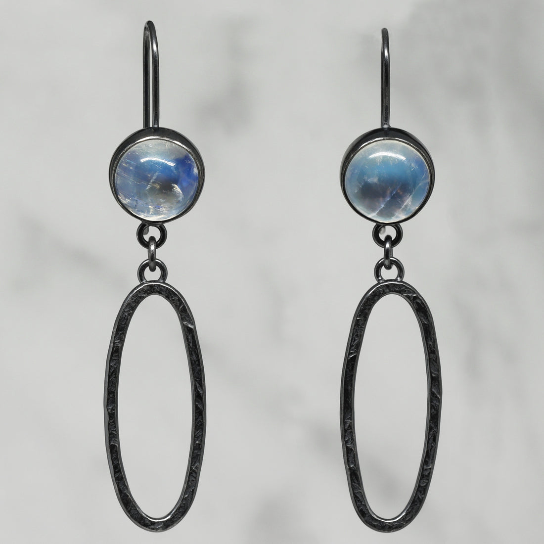 Aperture Earrings - Rainbow Moonstone - Dark Sterling